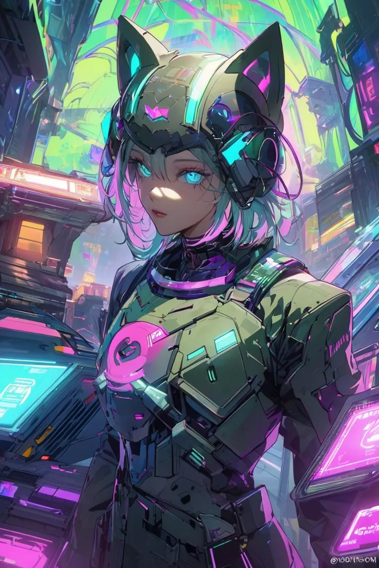 Un personnage homme de face futuriste mi homme mi chat cyberpunk avec une armure high-tech en néon, inspiré du style synthwave. De sexe masculin. La tête est humaine avec des oreils de chat. Avec un casque gaming intégrant des éléments holographiques aux r...