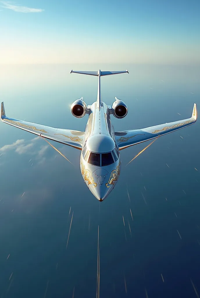 a very luxurious plane with gold details flying in the sky