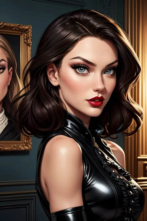 A portrait of a beautiful female whose face combines features of Taylor Swift + Ivy Levan + Gigi Hadid. The female wears a black Victorian-style jacket and a black ruffled skirt and black leather over-the-knee high-heeled boots. The female has lovely makeu...