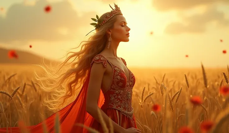 "Create an ethereal, dreamlike illustration of the Empress of the Tarot, The rider . She stands gracefully in the midst of golden wheat fields that sway gently in the breeze, with red flashes shining through the scene.  His long hair ,  gold and wavy , cap...