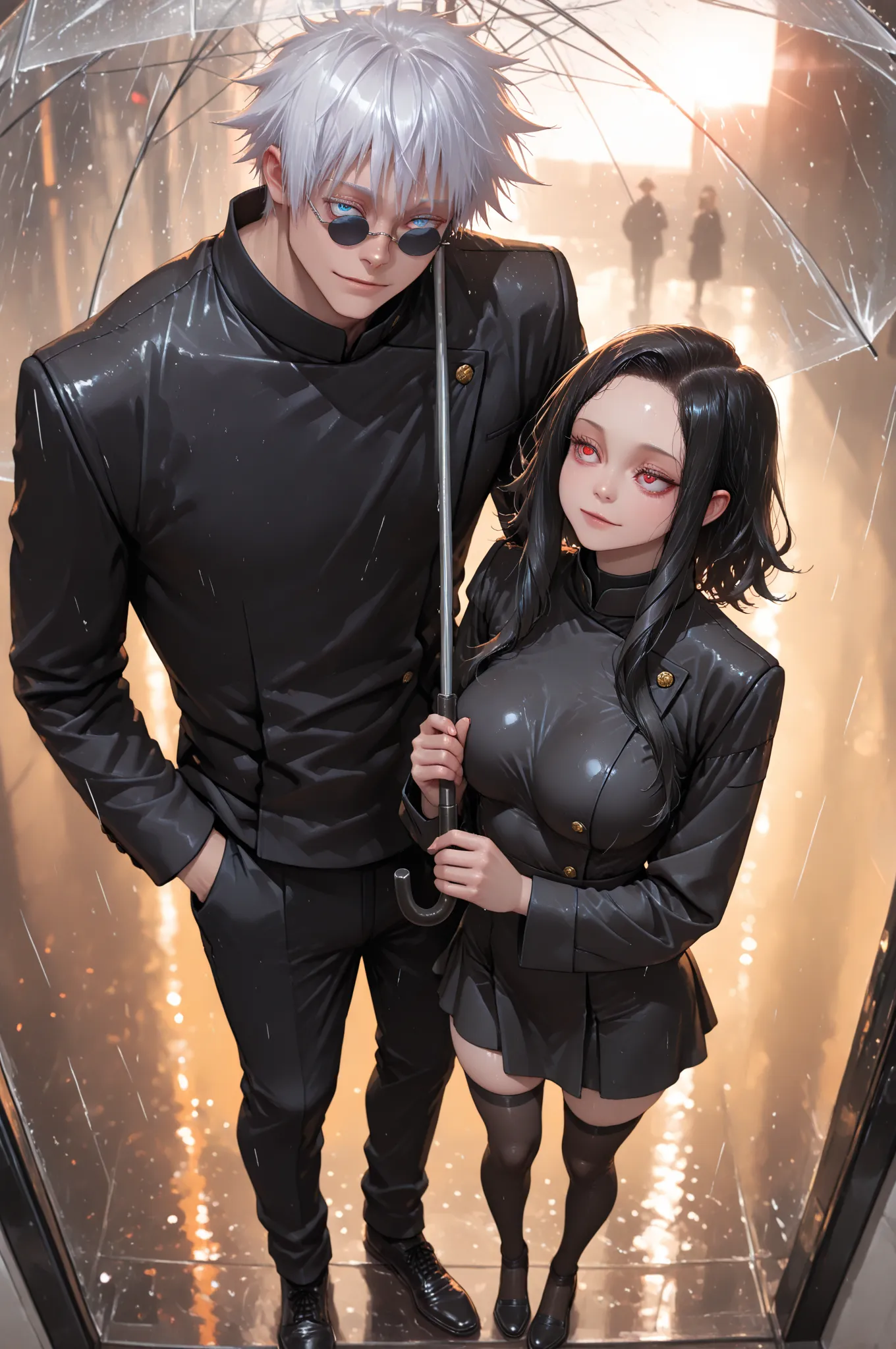 masterpiece, best quality, amazing quality, absurdres, extremely detailed face and eyes, cinematic, dynamic angle, warm colors, BREAK couple, hetero, duo focus, size difference, height difference, side-by-side, under a single transparent umbrella, (boy hol...