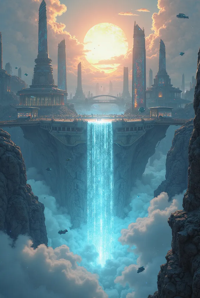 A **gravity-defying waterfall** cascades endlessly through the heart of a **floating city**, its waters shimmering like liquid light. **Bridges of marble and glowing crystal** arch over the flowing streams, connecting **grand spires, ancient temples, and f...