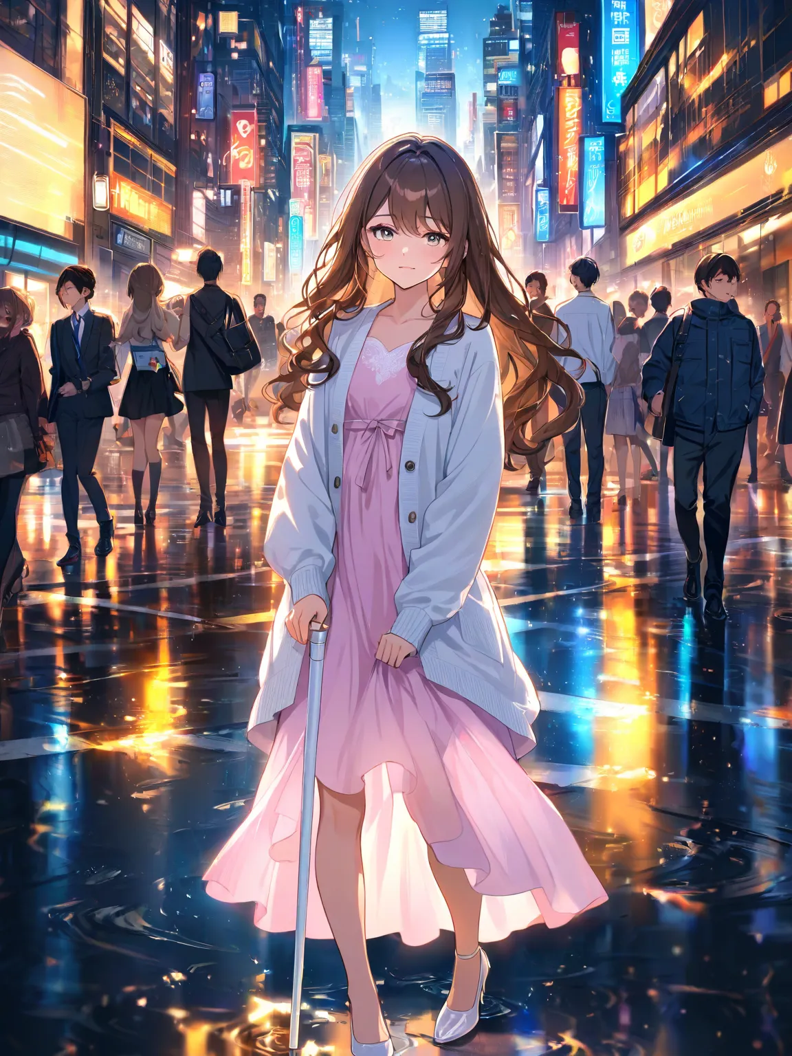 A high-end Disney-style  cinematic scene of a young blind girl named Emma standing hesitantly at a busy crosswalk in a modern city. She has long, wavy brown hair, fair skin, delicate facial features, and blind eyes with a light grayish tone. She wears a li...