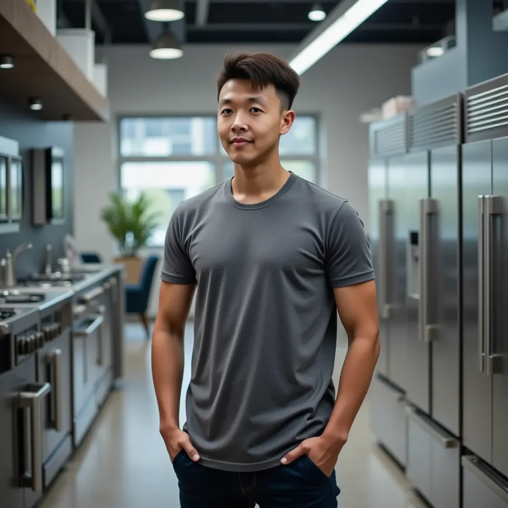 Lasisan, A man with tshirt in kitchen appliance showroom