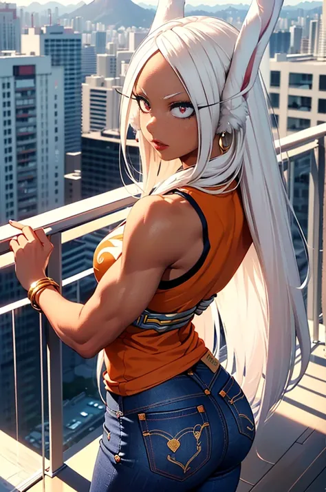 (((1 , Alone, calm, calmmha, Boku no Hero Academia, ( white hair ,  red eyes,  long hair, rabbit ears, dark skin), lipstick, gold earrings, Muscular, fitness)), sexy pose,   beautiful,  bracelets,  diamond necklace )), ((Alone, [1mulher, pink lipstick, sty...