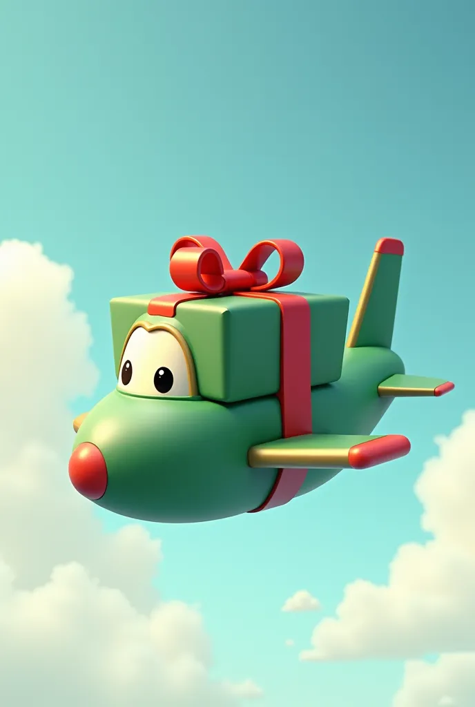 
An animated airplane in the form of a gift box, Color green his body and red the cover 