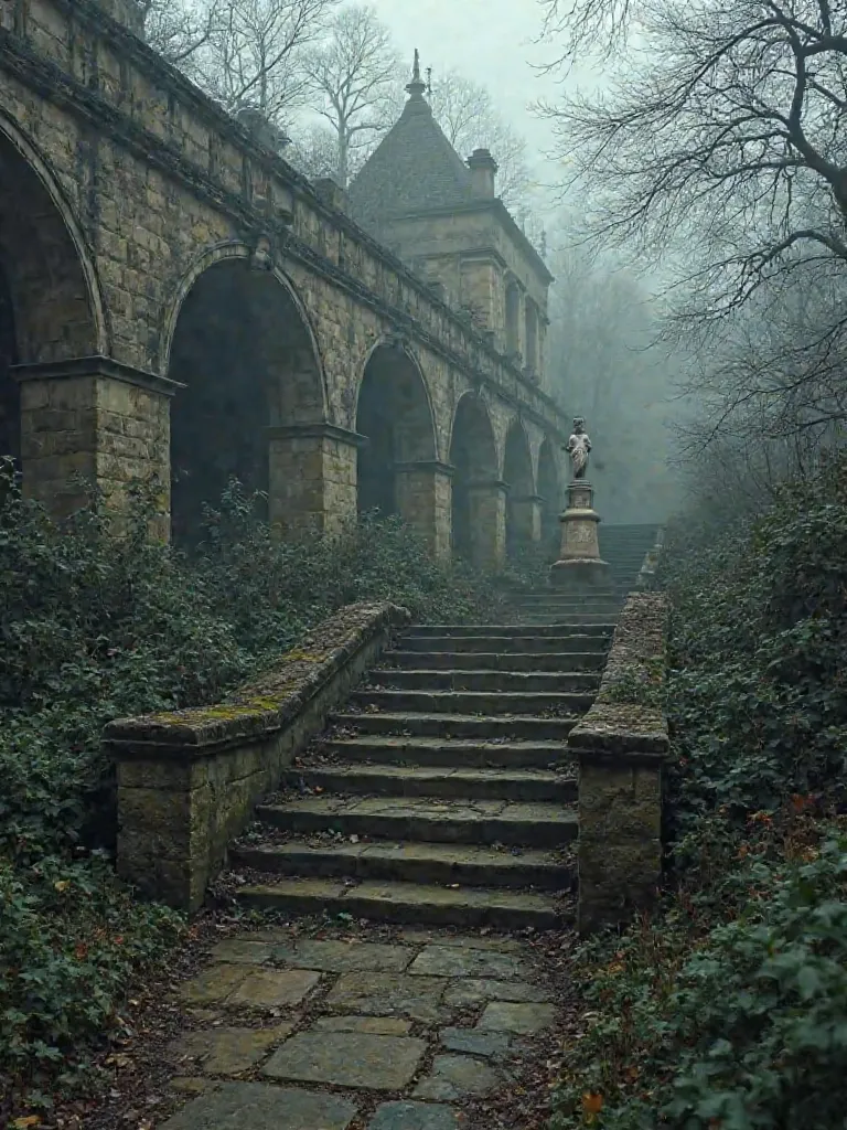 an outdoor garden landscape from the 1700s, mysterious and ancient looking. There is a stone staircase that leads to an architectural structure with Gothic arches. The scene is surrounded by dark and dense vegetation, giving it an air of abandonment. You c...