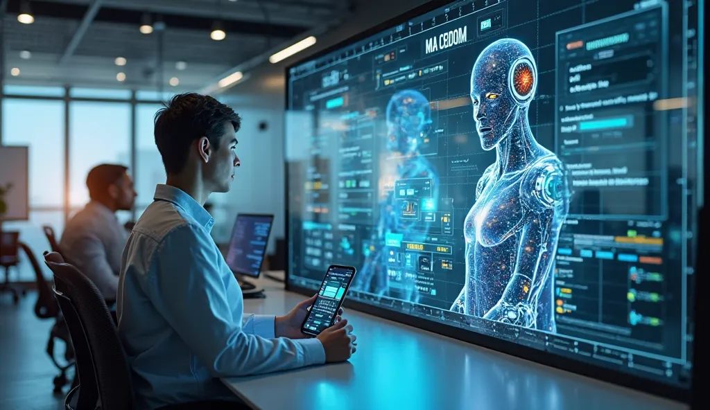 Futuristic AI Chatbots in Action

A modern business office with holographic AI chatbots assisting customers on large screens and mobile devices.
A sleek chatbot interface analyzing customer queries with real-time data visualization.