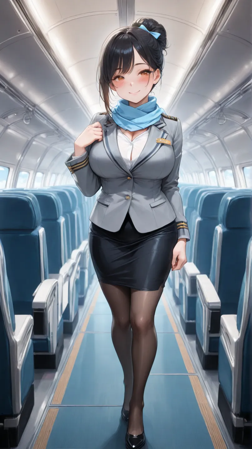 (((solo))),  on plane, standing, very cute face, cute girl, a bun hair, black hair, bangs, orange eyes, blush, large breasts, blush, curvy beauty, flight attendant costume, light blue scarf bow around the neck, grey jacket, white shirt, black skirt, tights...