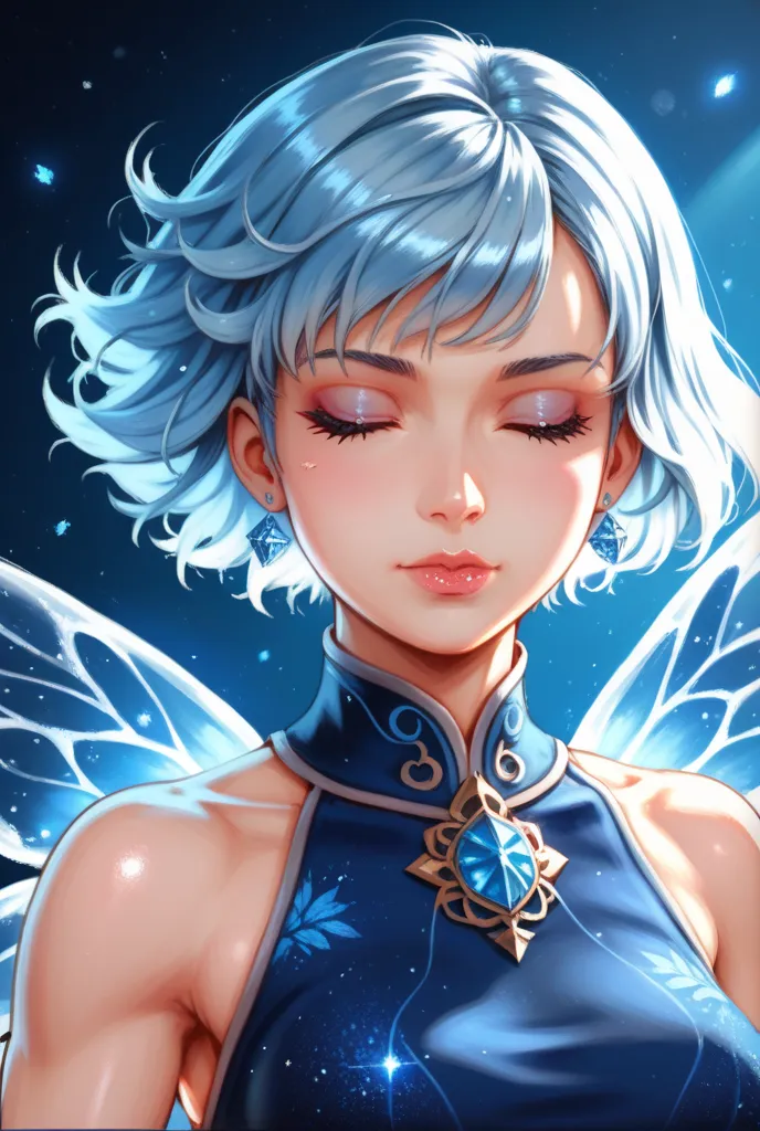 Style anime ice girl Fairy with wings Phoenix ice blue , glowing, wearing Kemonomimi Mode, glowing blue eyes Closed Mouth, Makeup, Bangs, with Short Hair, detailed portrait, beautiful detailed facial features, dynamic pose, warm lighting, vibrant colors, f...