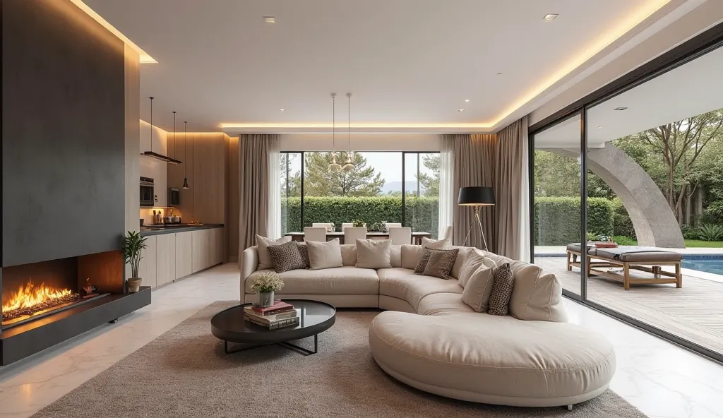 Interior of the living room and kitchen and open terrace of a modern spacious villa - The key feature of the living room is a large curved sofa in neutral tones, located in front of the fireplace, which adds elegant coziness to the space. Meanwhile, elegan...