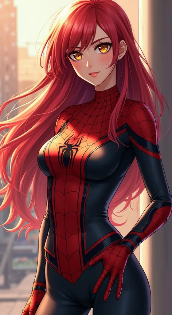 (artwork, maximum quality, best quality,  official art , beautiful and aesthetic:1.2) Anime Female Spiderman,  long red hair , golden eyes, black and red clothes, black and red pants.