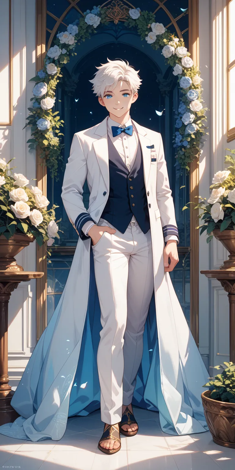 White-haired, blue-eyed male, young man, smiling, standing in front, full body definition, beautiful, fluffy, white suit 