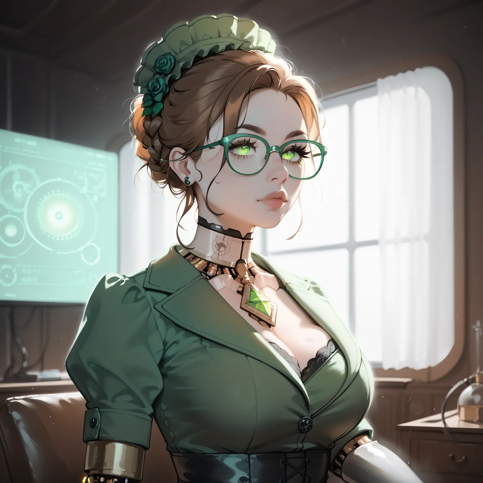 vibrant mint green hufflepuff uniform,brown accents,glowing green eyes with hypnotic swirl pattern,cybernetic body, gothic victorian mansion interior, moonlit night, atmospheric fog, ornate dark furniture, dramatic chiaroscuro lighting,fantasy portrait,dig...