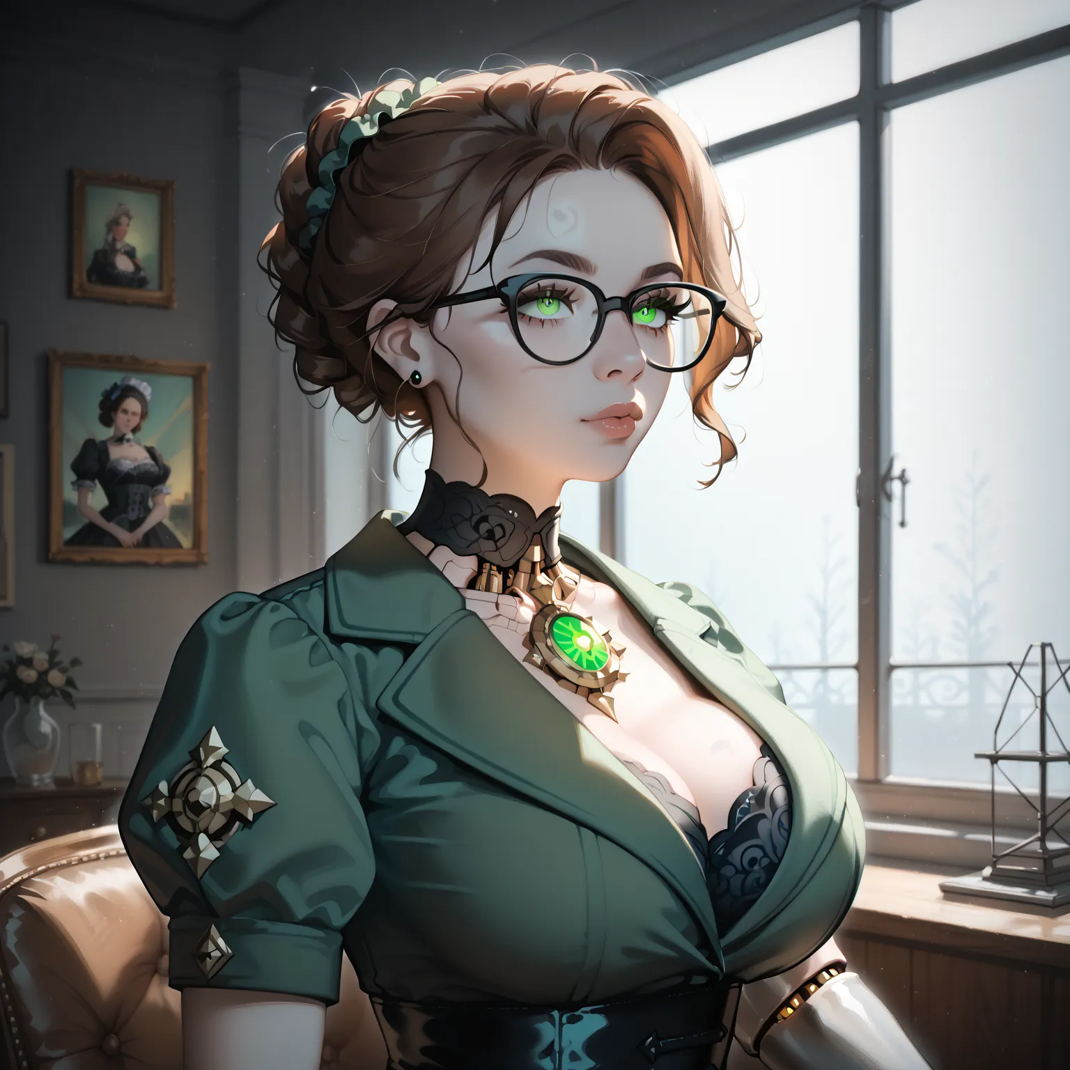 vibrant mint green hufflepuff uniform,brown accents,glowing green eyes with hypnotic swirl pattern,cybernetic body, gothic victorian mansion interior, moonlit night, atmospheric fog, ornate dark furniture, dramatic chiaroscuro lighting,fantasy portrait,dig...