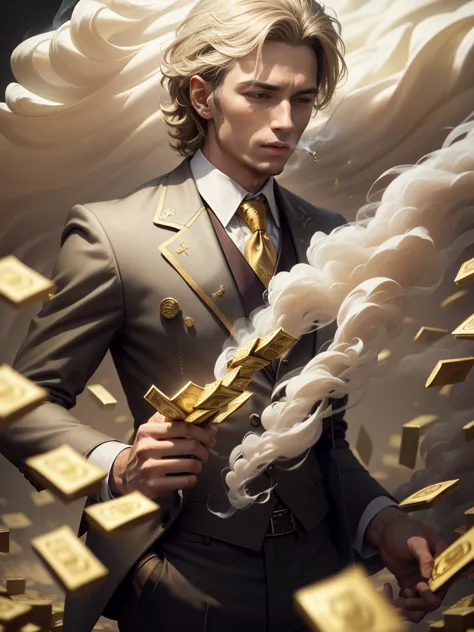 detailed painting of a person in a suit, surrounded by a flurry of dollar bills and gold bullion, Gold coins, White smoke flying ahead (((Lots of smoke)))