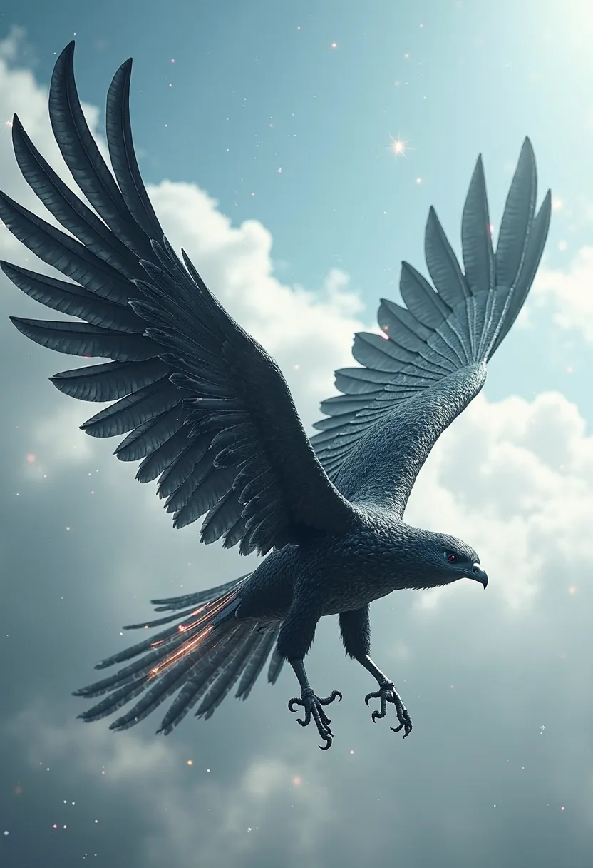 Drawing of a falcon, with glass wings, its feathers are a nice black color 