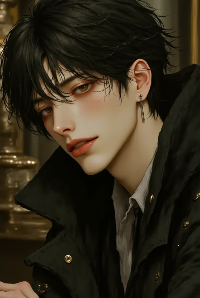 (masterpiece), (best quality), 1man, solo, male, middle part hair, black hair, dreamy eyes, smiles, (strong, well-defined, chiseled jawline), (prominent, slightly pointed chin),muscular, modern student, modern uniform, arrogant, confident, playful, unbothe...