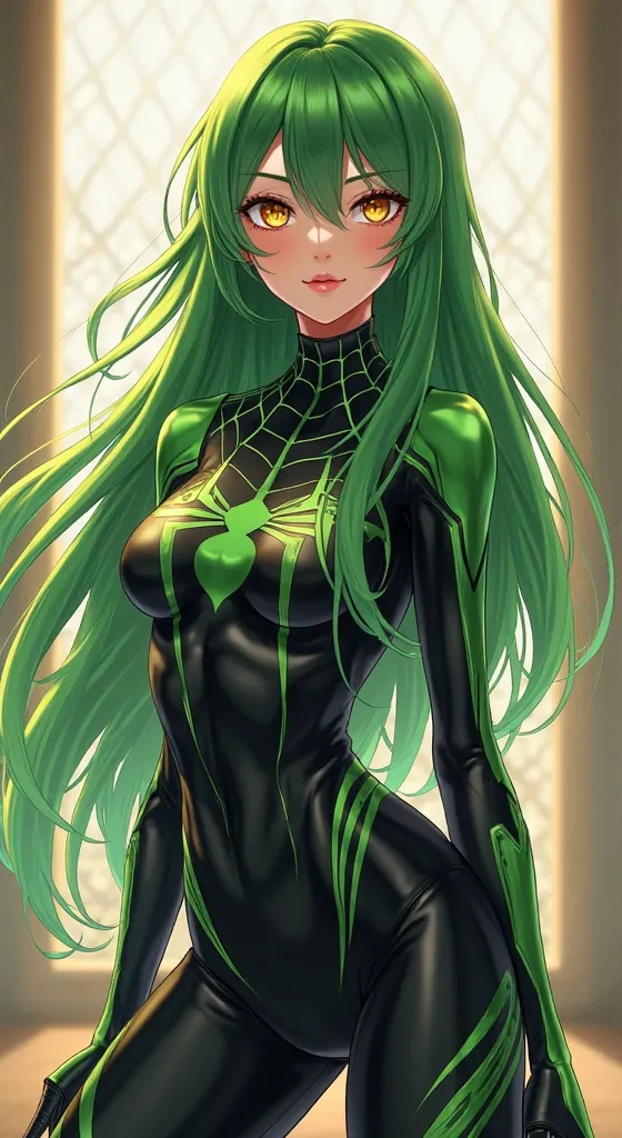 (artwork, maximum quality, best quality,  official art , beautiful and aesthetic:1.2) Anime Female Spiderman, long green hair, golden eyes, black and green clothes, black and green pants.