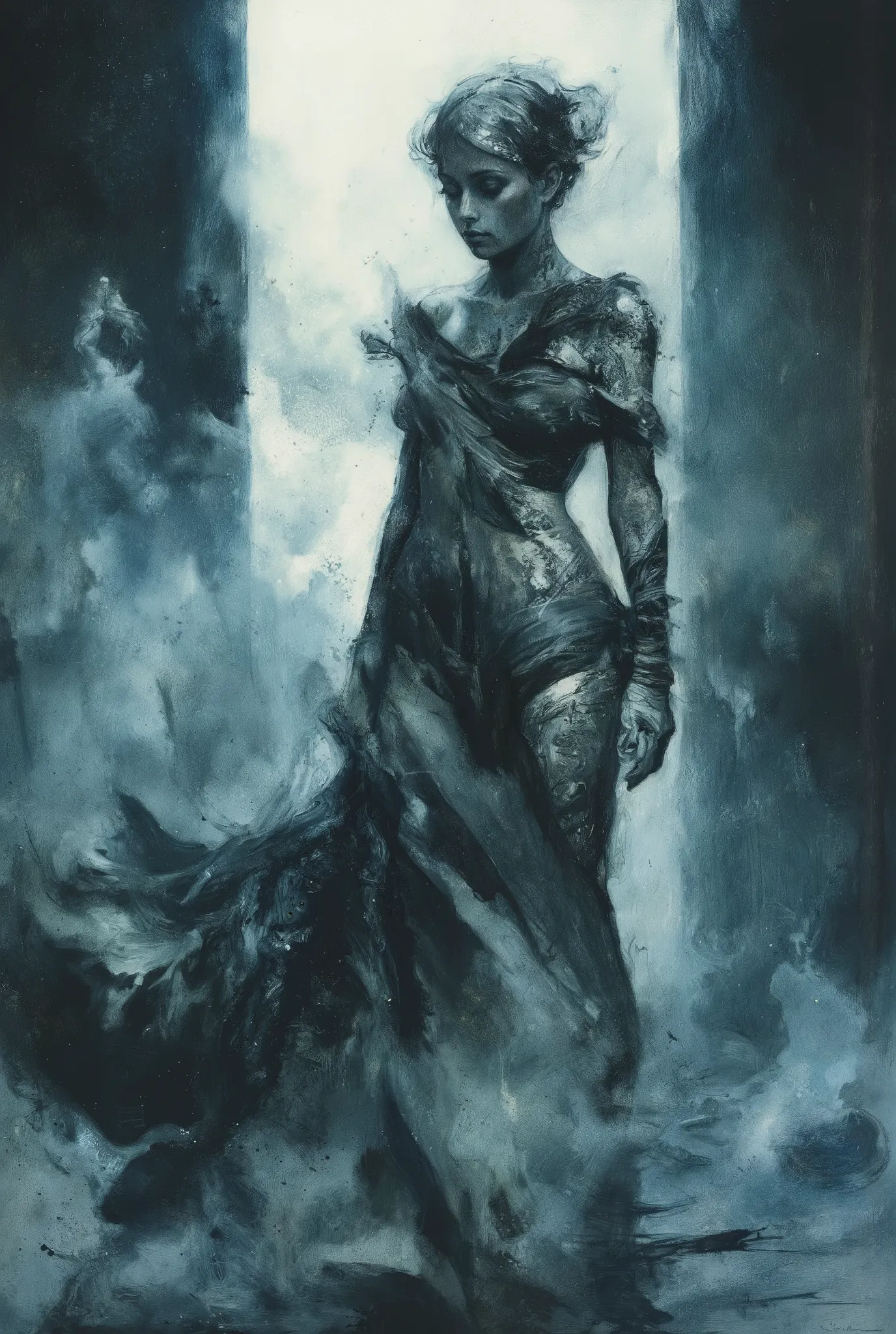 A hauntingly beautiful comic book illustration by Greg Rutkowski. A captivating woman, shrouded in mystery, stands amidst a swirling fog, her velvety abyss-like form seemingly absorbing the surrounding light. Her enigmatic presence radiates an aura of fore...