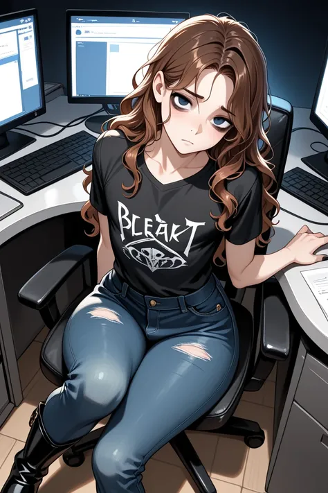 (Solo), sitting at computer desk, BREAK, 1boy, feminine male, light skin male, brunette, long wavy hair, black leather boots, looking at viewer, black nail polish, slightly wide hips, black t-shirt, tired eyes, blue eyes, long fingernails, jeans,