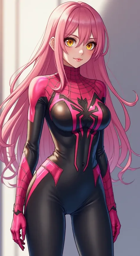 (artwork, maximum quality, best quality,  official art , beautiful and aesthetic:1.2) Anime Female Spiderman, long pink hair, golden eyes, black and pink clothes, black and pink pants.