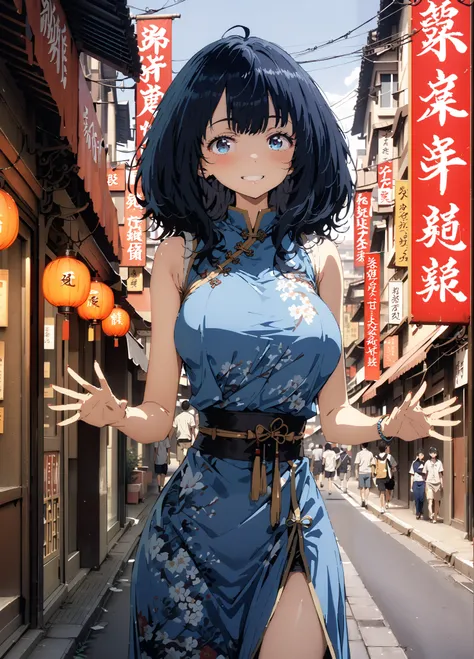 score_9, score_8_up, score_7_up,  source_anime, Anayanami ,Alone,  medium hair, blue eyes, stupid hair,  Lantern, medium chest, skirt,  shirt, Big Breasts,Blue sleeveless Chinese clothes,Long slit,pin heels,standing,Put your hands on your lower back,smile,...