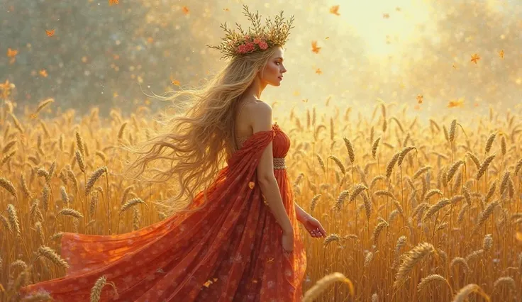  A dreamlike painting of the Empress of the Tarot Rider Waite, standing in the middle of tall golden wheat fields that sway gently in the wind. She has a serene and majestic presence, with long golden hair, slightly undulating.  Her dress is fluid , in war...