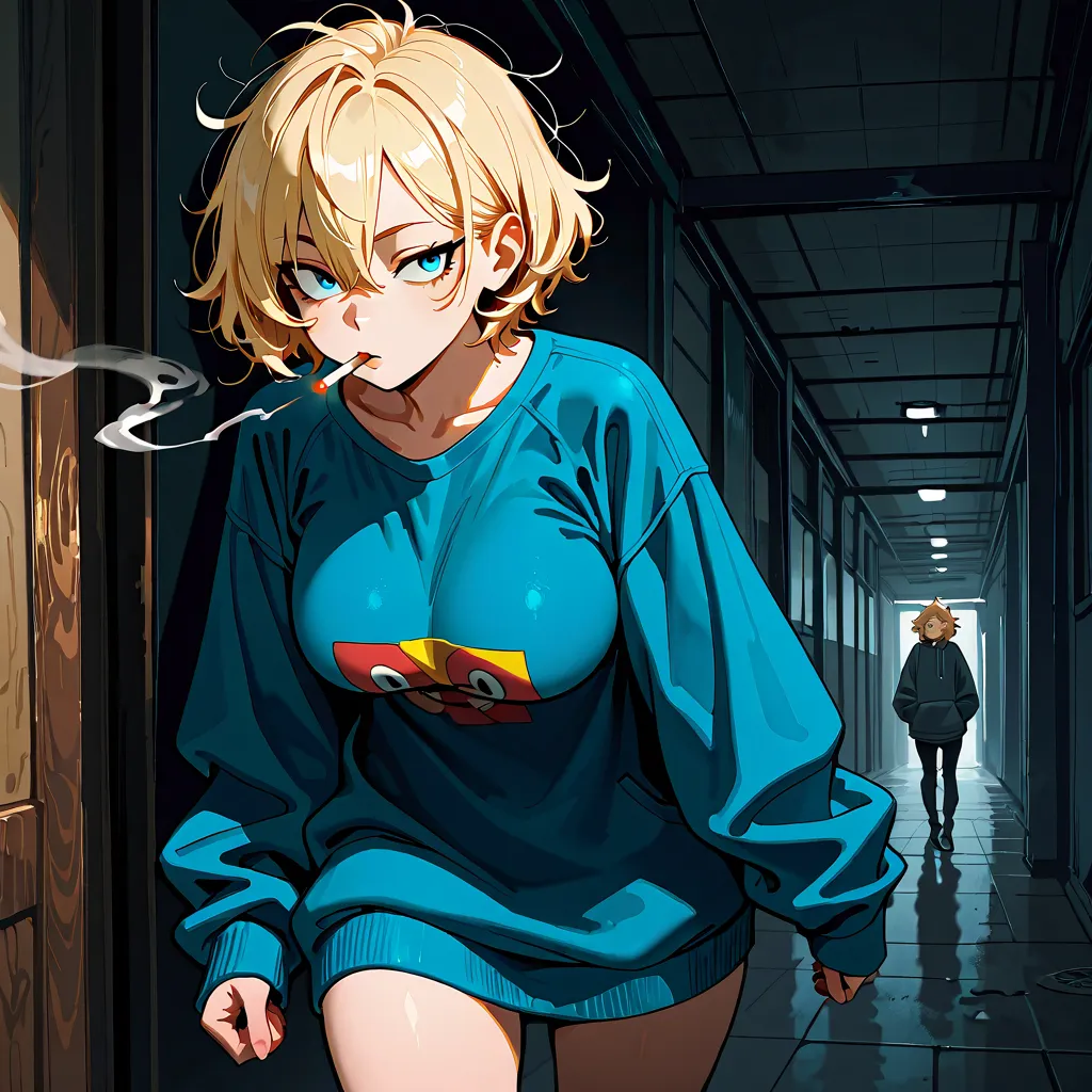 hanging eye, cigarette, smoking, smoke, blonde hair, blue eyes, short hair, breasts, ((ウルフカット)), loose fit, 24 years old, グラマー, messy hair, slant eyes、tsurime, Sanpaku, large size sweatshirt, Walking, masterpiece, UHD, anatomically correct, super detail, h...