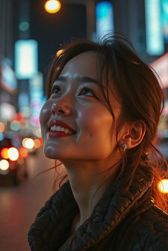 night view of the city traffic flow，side close-up of the protagonist looking up and smiling | Hope to revive city lights at night，woman sheds tears and smiles，Soft golden backlight，A hopeful expression，4K hyper-detail