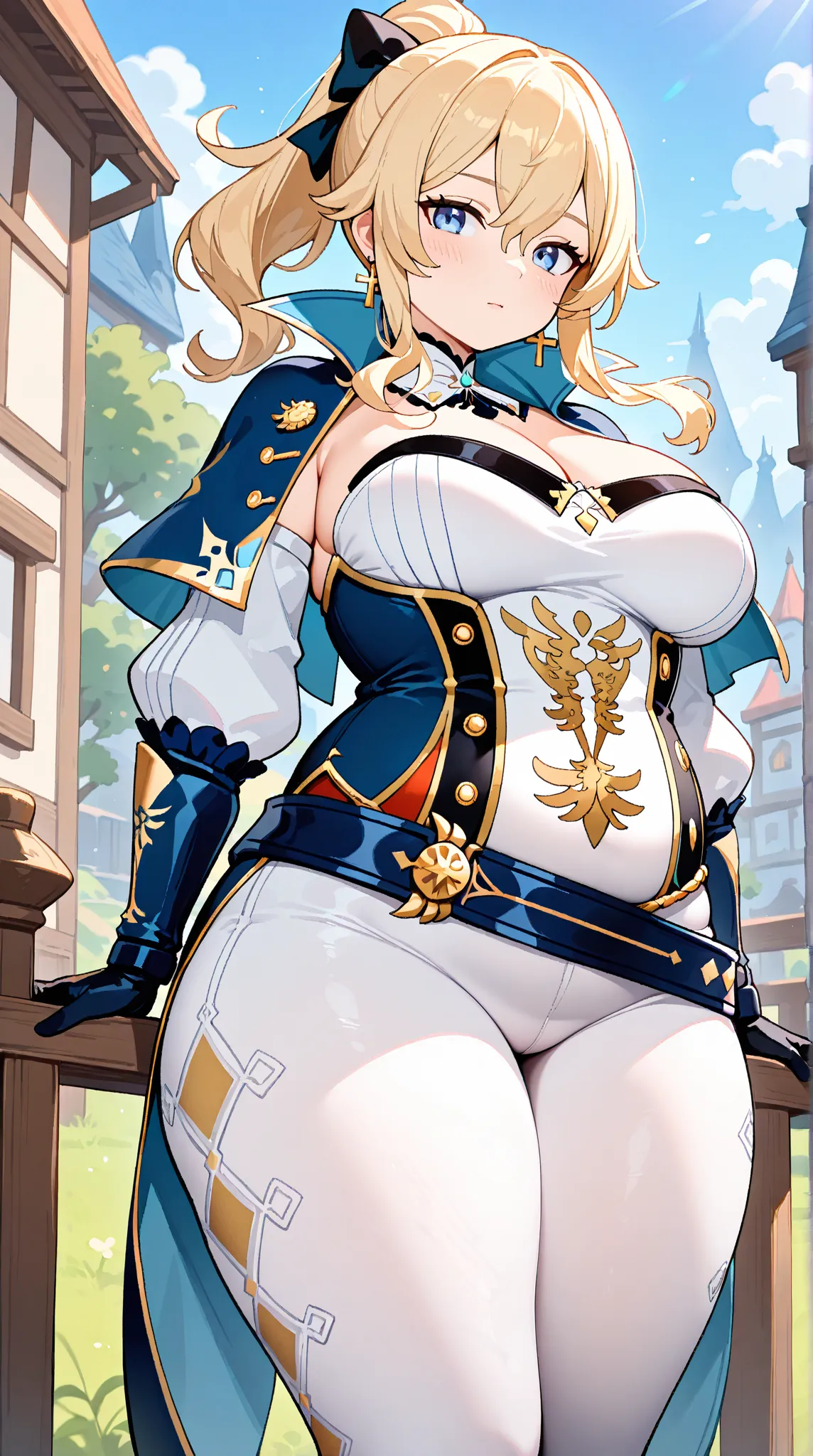  jean (genshin impact), 1girl, solo, long hair, looking at viewer, blue eyes, blonde hair, gloves, jewelry, large breasts, thick thighs, ponytail, hair bow, detached sleeves, strapless, capelet, belt,white pants, tight clothes, cross earrings, tight pants,...