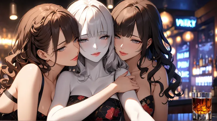 two women snuggling up、masterpiece, highest quality, Pixiv, cool girls, Japanese pattern dress, Lips in Love, dark brown hair,  curly hair,  blunt bang, straight bang, gray eyes,  white skin, nipples, A woman is at an upscale nightclub counter in the backg...