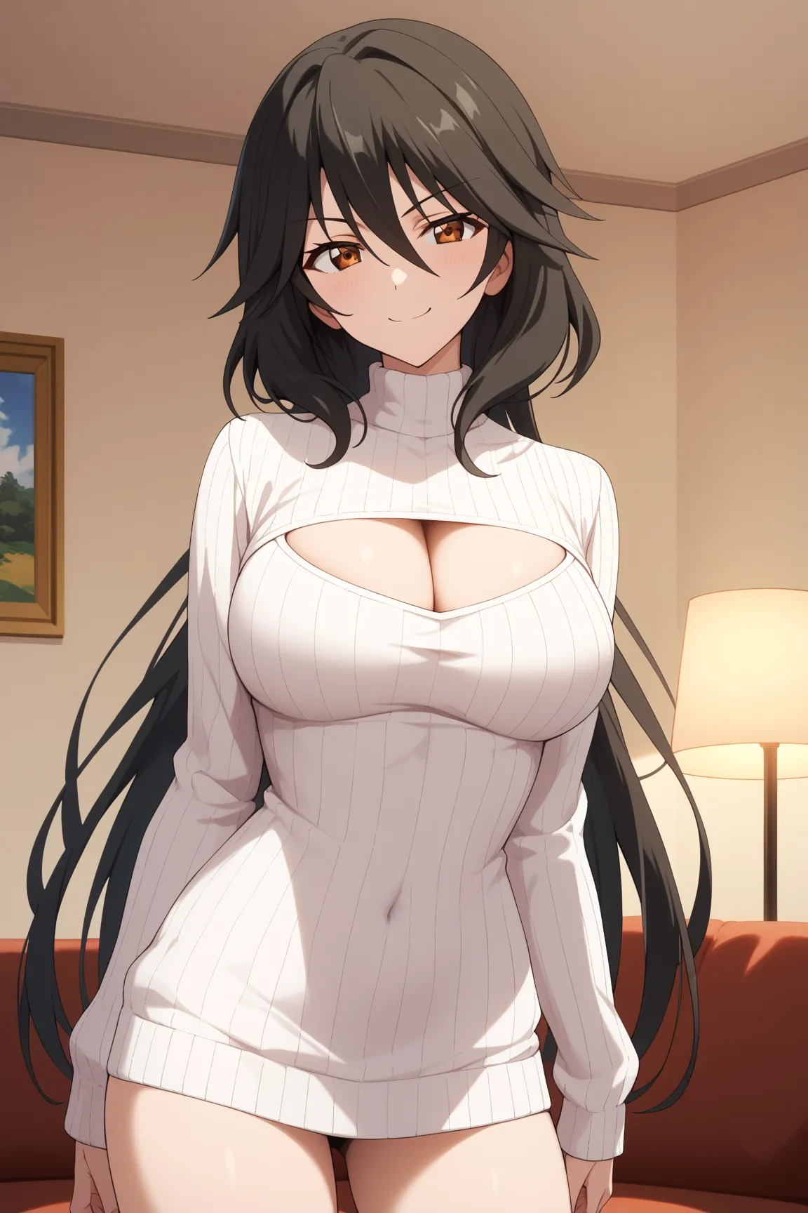 masterpiece,best quality,{{detailed beautiful face and eyes}}, very detailed background,
Chifuyu Orimura,{{{megami magazine}}},long hair,black hair,bangs,hair between eyes,brown eyes,large breasts,
white sweater,cleavage cutout,
1girl,(is smug:1.0),
 ((sta...