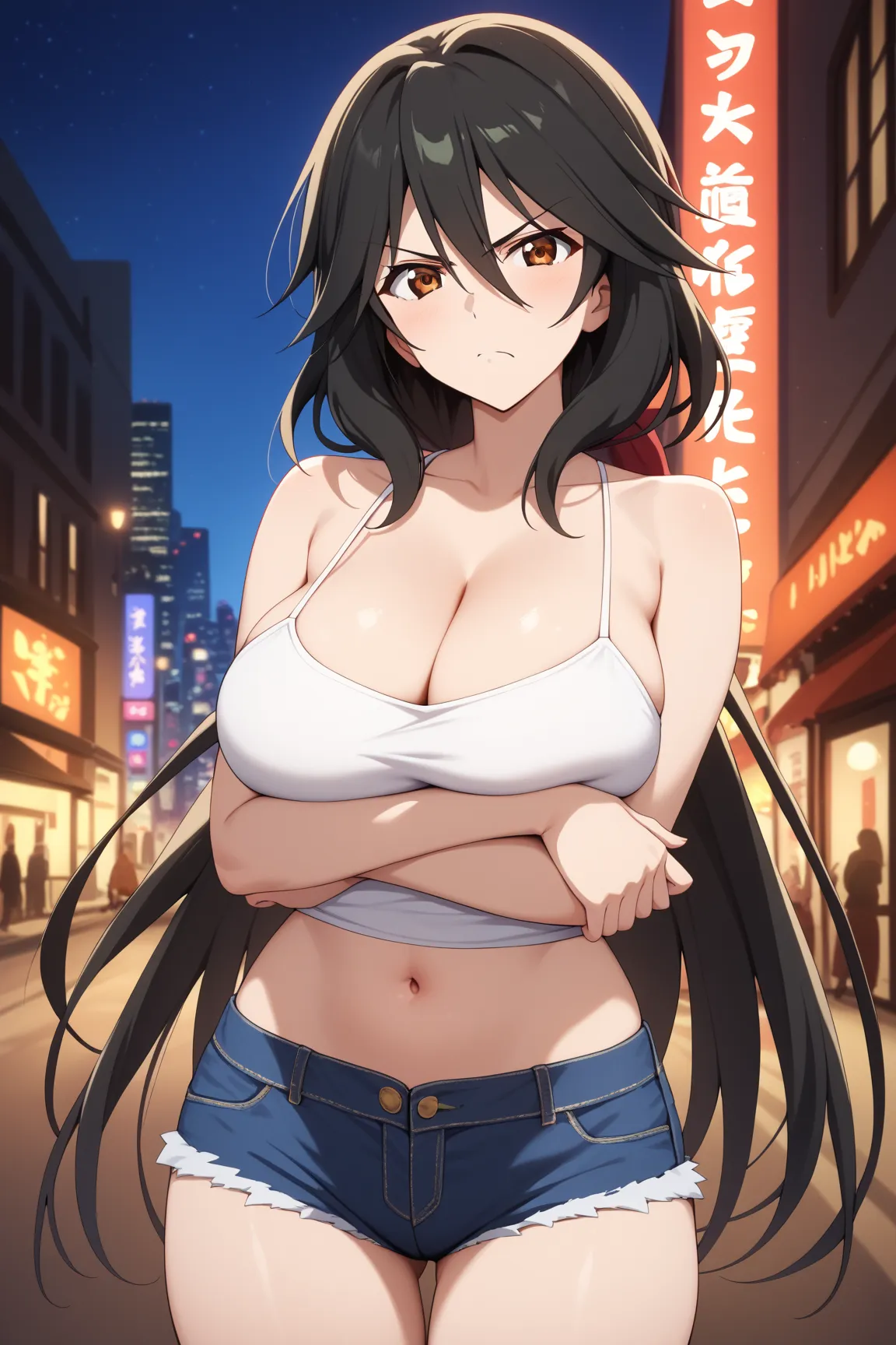 masterpiece,best quality,{{detailed beautiful face and eyes}}, very detailed background,
Chifuyu Orimura,{{{megami magazine}}},long hair,black hair,bangs,hair between eyes,brown eyes,large breasts,
camisole, bare shoulders, cleavage, crop top, cutoffs, den...