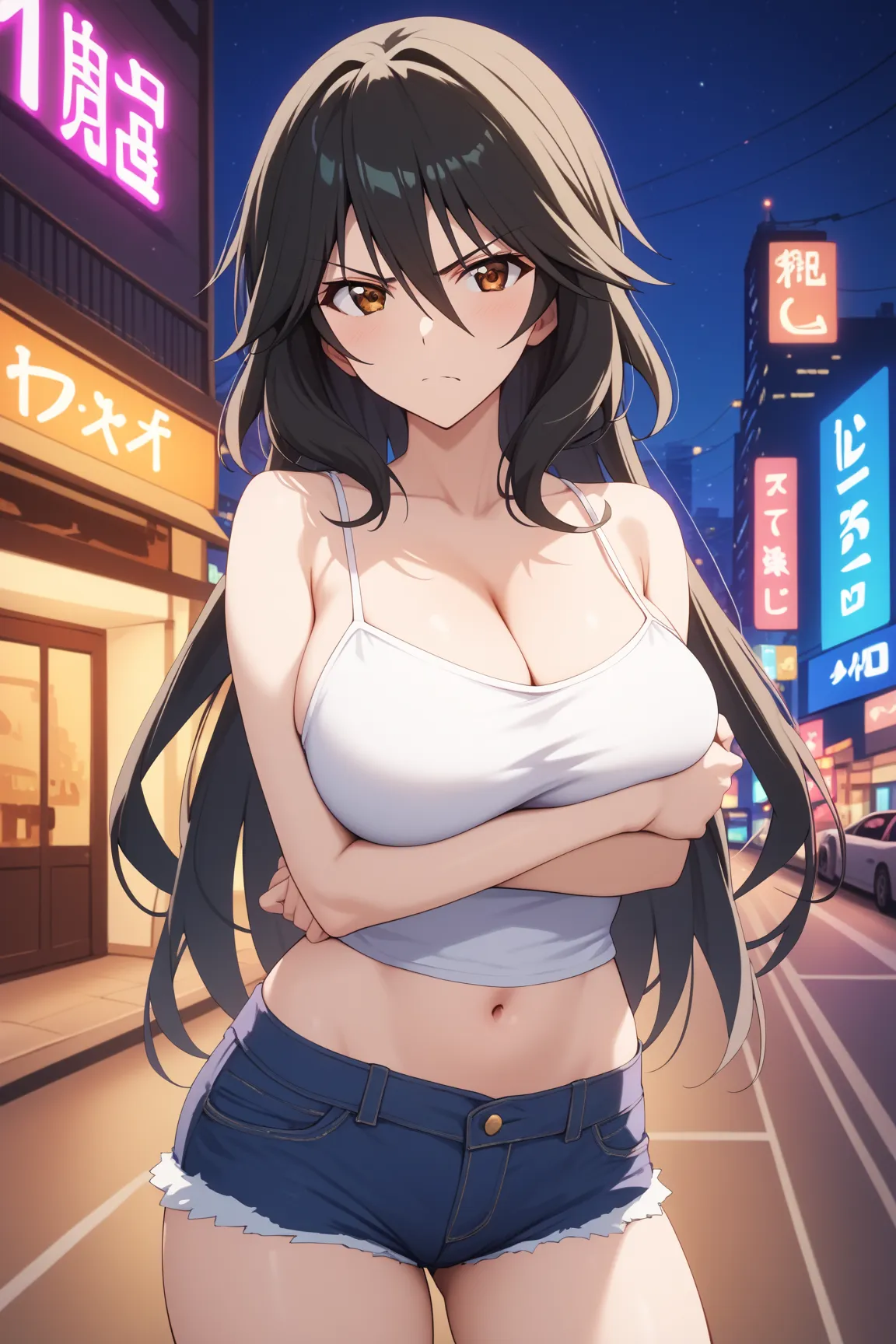 masterpiece,best quality,{{detailed beautiful face and eyes}}, very detailed background,
Chifuyu Orimura,{{{megami magazine}}},long hair,black hair,bangs,hair between eyes,brown eyes,large breasts,
camisole, bare shoulders, cleavage, crop top, cutoffs, den...