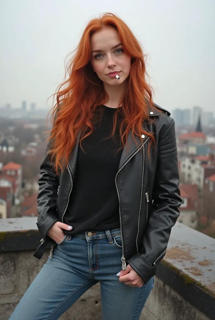 Beautiful redhead 25 year old girl with wavy long hair on the edge of the roof , The girl in a black leather jacket , black top and jeans , On his feet are sneakers, full length photo, A girl smokes a cigarette 