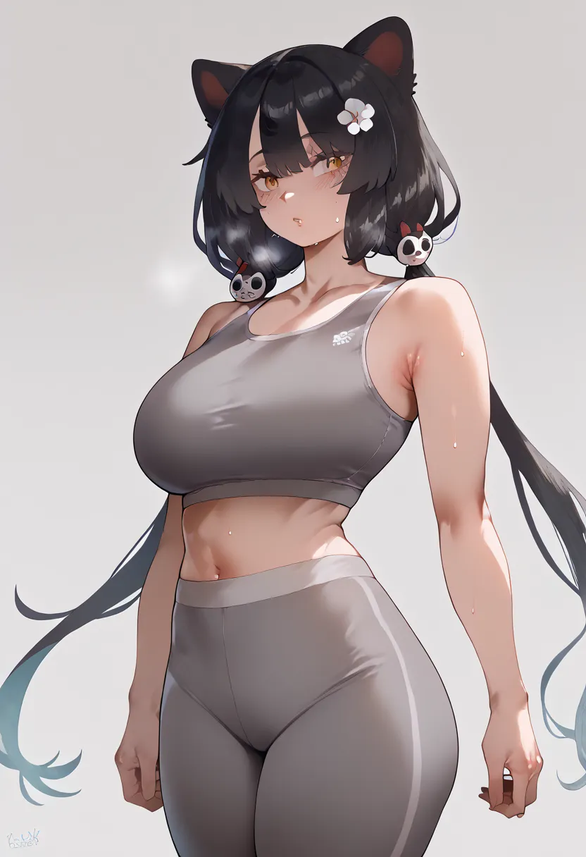 Hyper realistic, it1, flower, twintails, low twintails, very long hair, Dog girl  、 black hair、standing、, perfect face, perfect lighting,, sexy female, huge breasts, sweat, (gray sports bra、gray leggings)