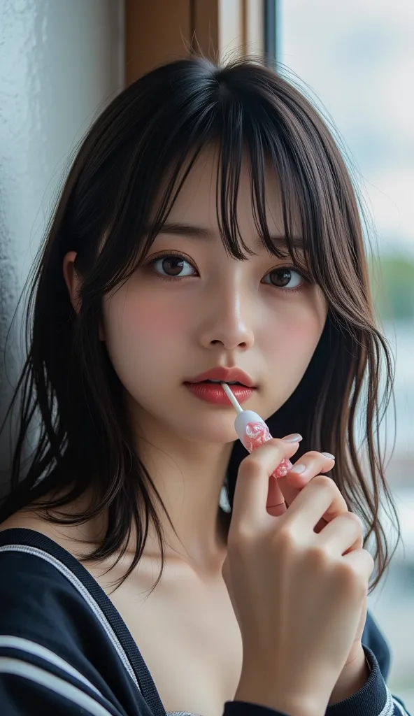 Separate the, （8k、Raw photo、highest quality、masterpiece：1.2),(long bob cut),looking at the viewer,Looking at the front,sexy pose, smile,erotic,student,white skin,knees,absurd,small face,front hair you are licking while holding the hard candy from the middl...