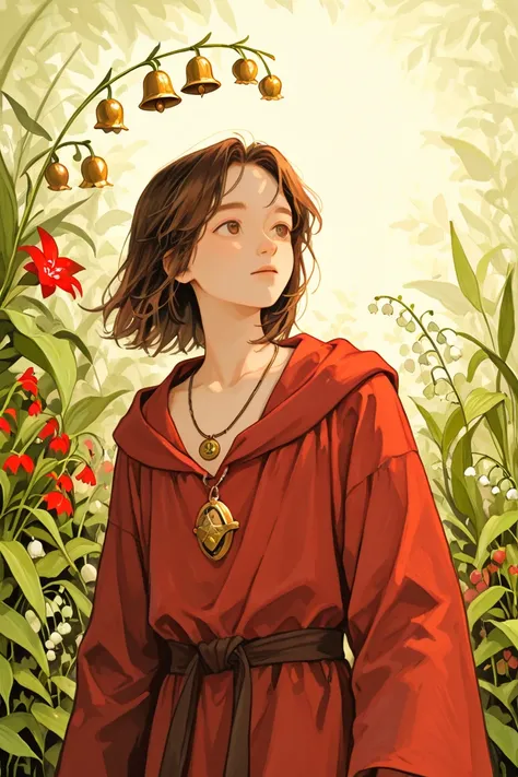 Young  man, with short brown hair, warning a red robe with a hoode, and a golden bell necklace, a background of plants, with few lilies of the valley flowers, and tiny red flowers, sketchy, dream aesthetic.