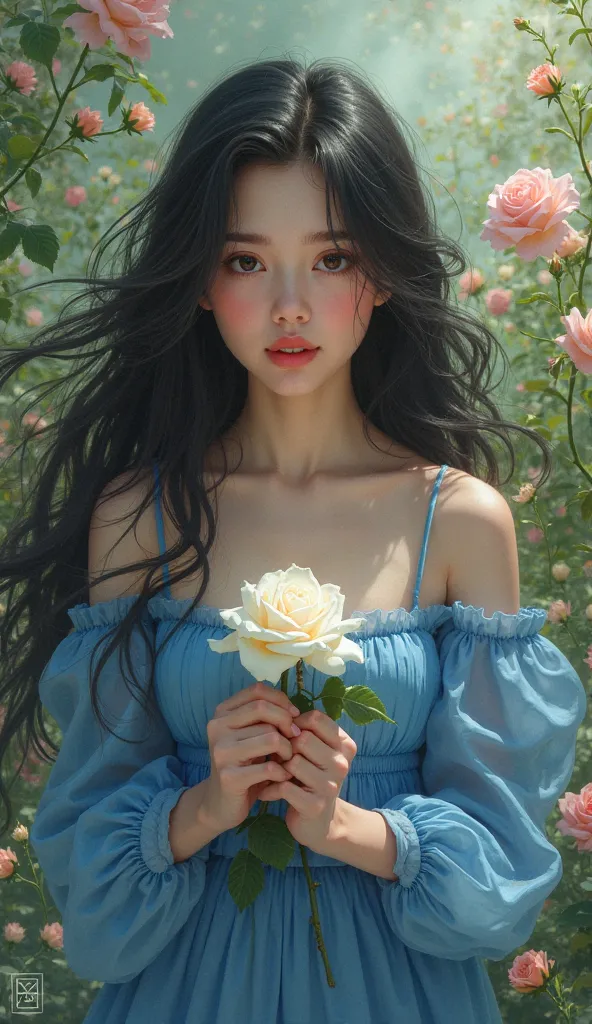 Show me the most beautiful girl in the world, beautiful , black hair,  black-eyed, blue dress, white rose , petals, flower garden, 