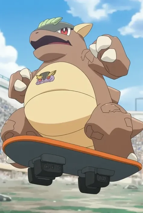 Kangaskhan wearing a thick diaper and bicycle helmet riding a skateboard, (masterpiece, best quality:1.2), solo, no humans