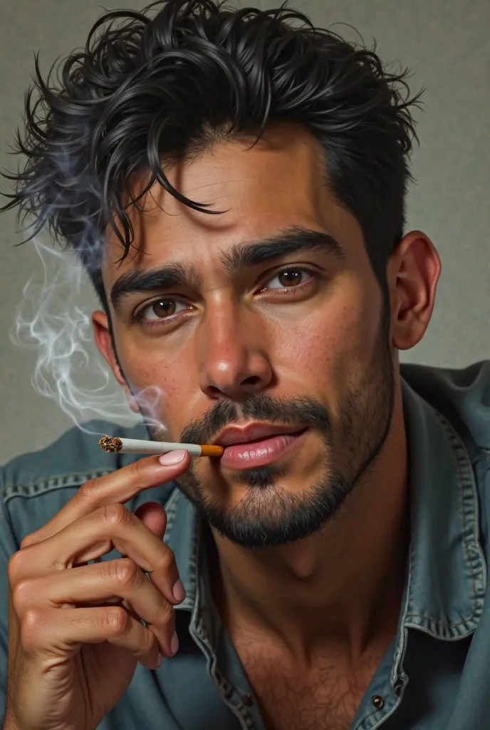 Create realistic face of a 25-year-old Mexican male man smoking