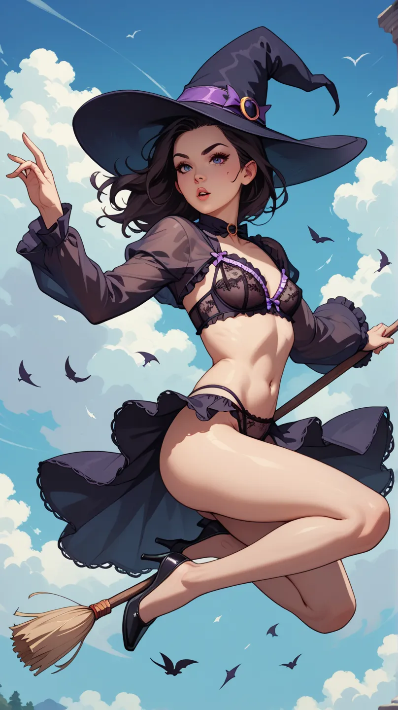 witch on a broom stick, flying through the sky, dynamic flying pose, wind blowing. 
large witch hat, small breasts, bra and panties visible, detailed lingerie, high waisted thong, frills and lace dress, purple and black clothes. 