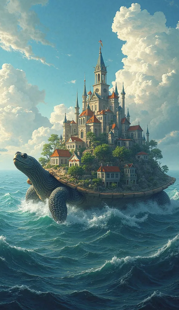 a city on the back of a giant turtle shell, there are buildings, houses, trees, city hall, complex city design. the turtle shell is floating on the water, floating among the ocean waves, on a vast ocean, dramatic clouds and blue sky background.