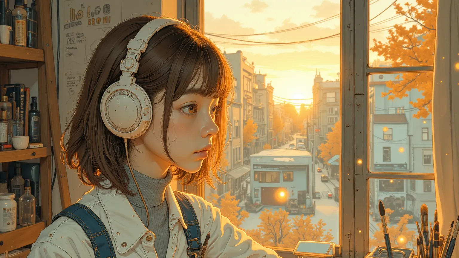 surrealism, artwork, 8K product, anime illustration. A close-up of a young female artist with light brown, shoulder-length hair and soft bangs, wearing stylish white over-ear wireless headphones. Her delicate features are bathed in warm golden sunlight str...