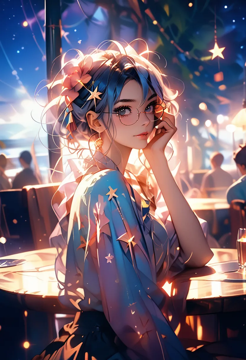 Anime Girl Alone Sitting at a Table Holding a Glass in Her Hand Wearing Glasses Beautiful Figure Very Beautiful Lush Hair, against the backdrop of the sea and summer beach, Night Stars very many stars, Beautiful Painting Bright Colors, Night Lights shine w...