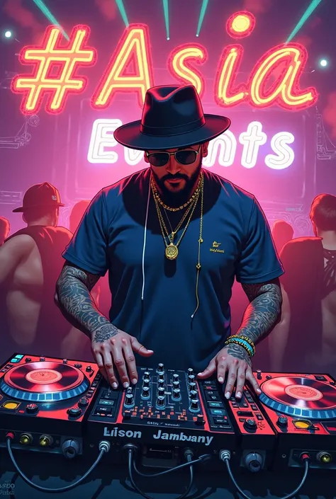 A fat dj with hat and hand tattoo write as 'samy sound' playing music which the music tones was colourful and bigger writen hashtag asia events that kind of painting 