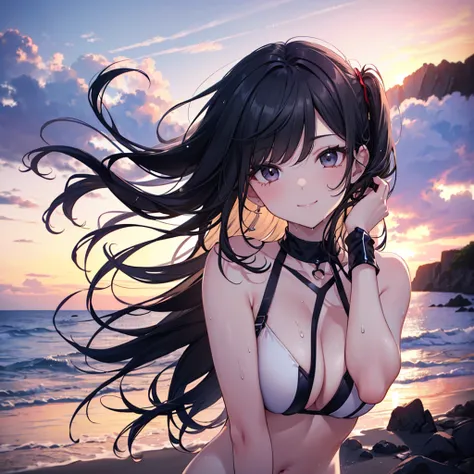 flowing hair with handprints, beautiful sky from the light source,  beautiful clouds, summer, Colorful Flowers, beach, sea, sunset, 
swimsuit, wet, gravure pose without glasses, 
(solo:1.1), 
(one girl:1.2), ( detailed and perfect long black hair :1.2), ( ...