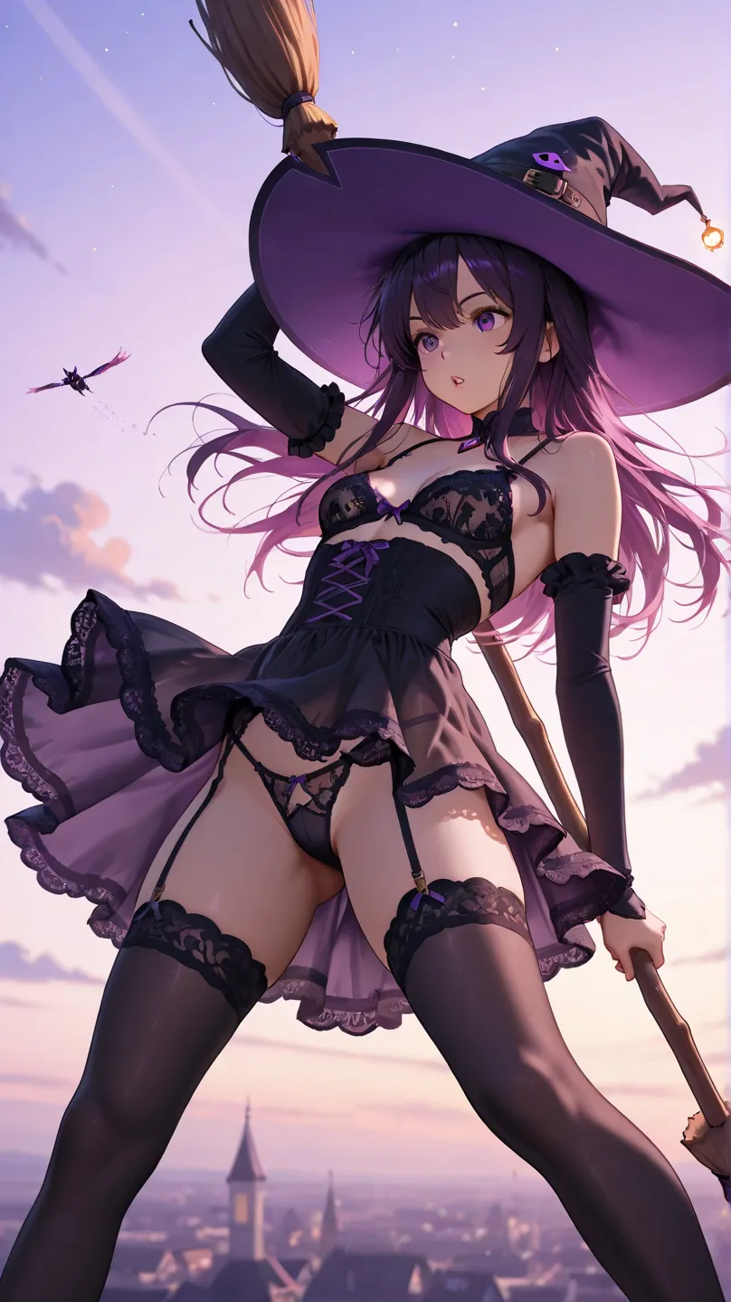 witch on a broom stick, flying through the sky, dynamic flying pose, wind blowing. 
large witch hat, small breasts, bra and panties visible, detailed lingerie, high waisted thong, frills and lace dress, purple and black clothes. 