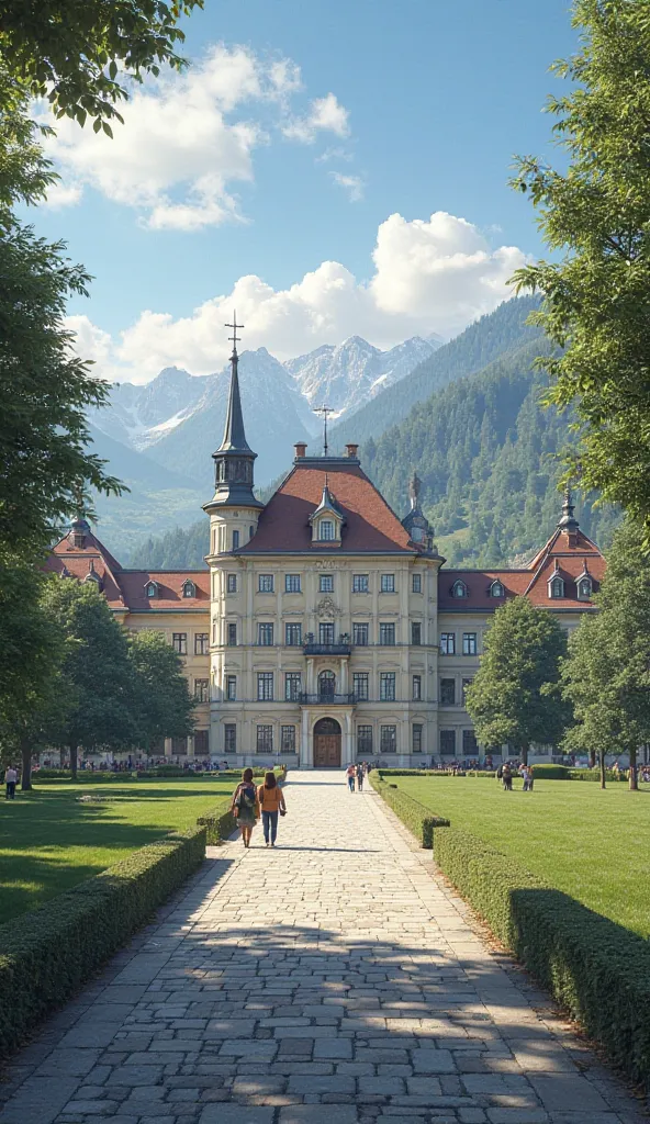 
"Create a realistic and detailed image of the university where Kim Jong Un studied during his time in Switzerland. The scene should be a medium-long shot, showcasing the university building with its European architectural style, surrounded by a serene and...